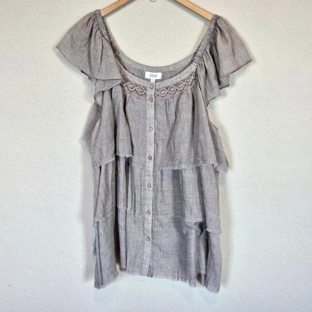 Oddy Brown‎ Ruffle Tiered Tunic Top Plus Size 3x Boho Chic Fairy Neutral
